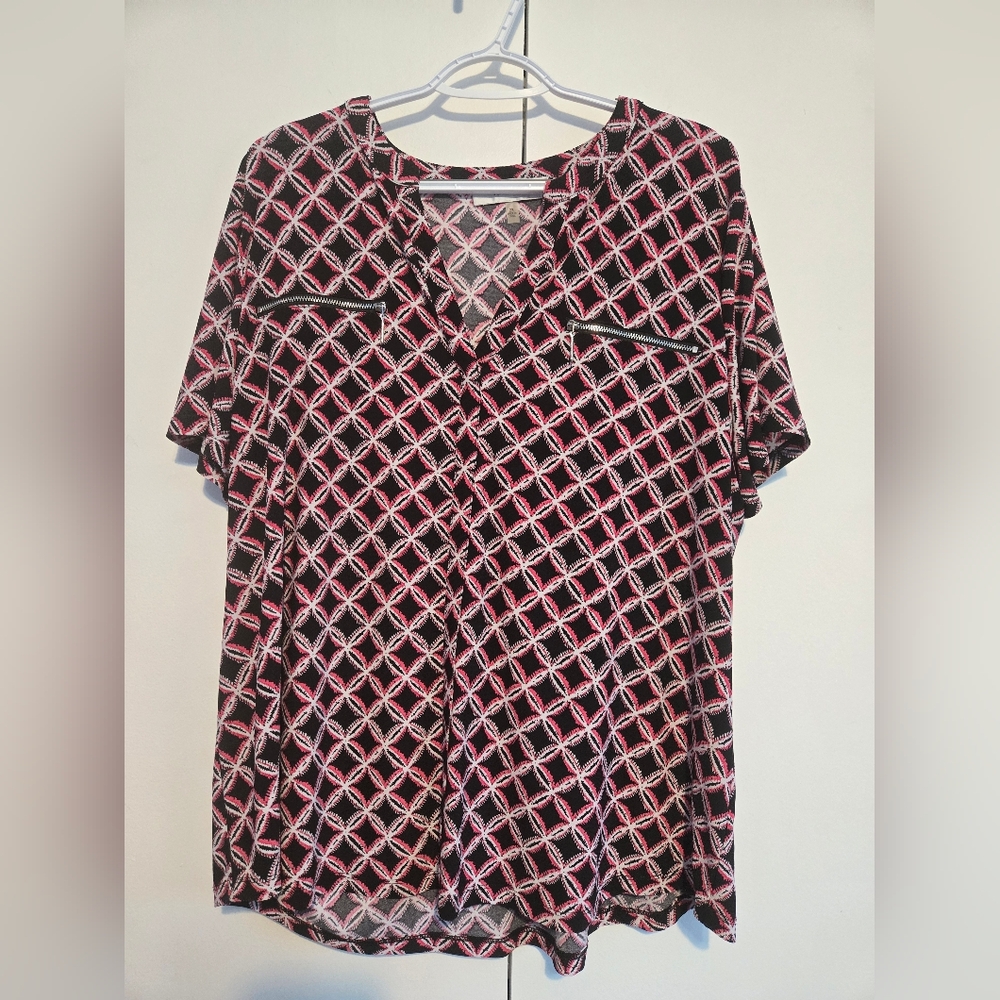 Jones Studio Plus Size 2X Geometric Print Blouse Pink‎ Black Work Top